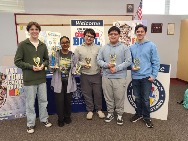 Each team member received a trophy, in addition to the team trophy.  From left to right: Shane Sterling, Serena Calhoun (captain), Aaron Dong, Edison Dong, Matt Tsucalas. 